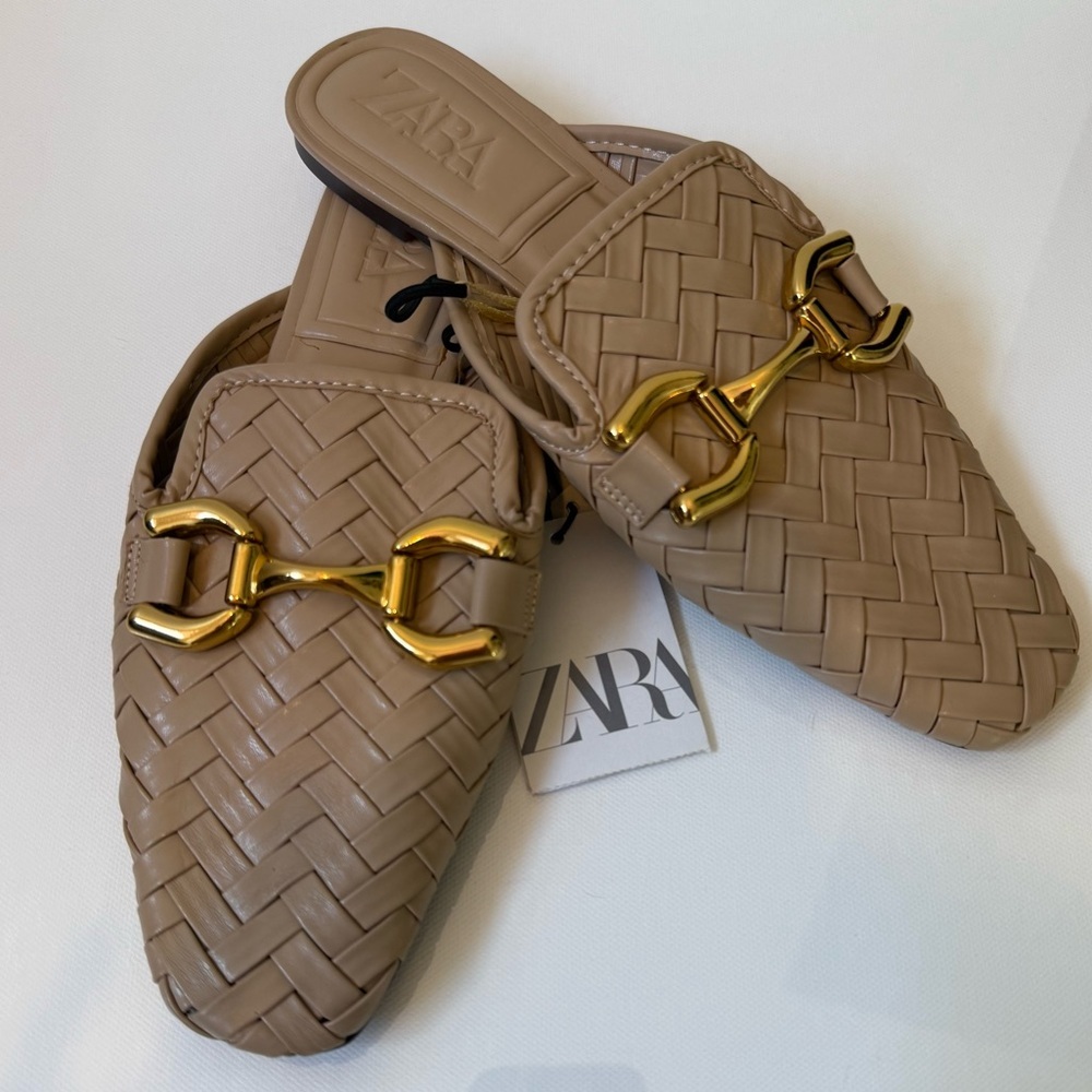 Zara Beige Woven Mules with Gold Details
